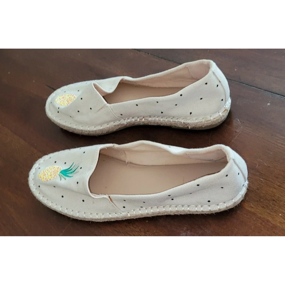 Loft Womens Pineapple Embroidered Espadrille Flats Cream Polka Dot Slip On Shoes